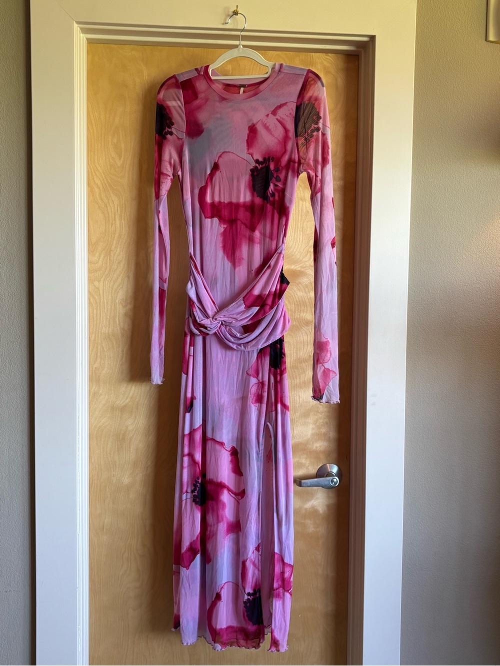 Free People Mesh Maxi Dress Pink Watercolor Poppy Twist Waist Long Sleeve Slit M
